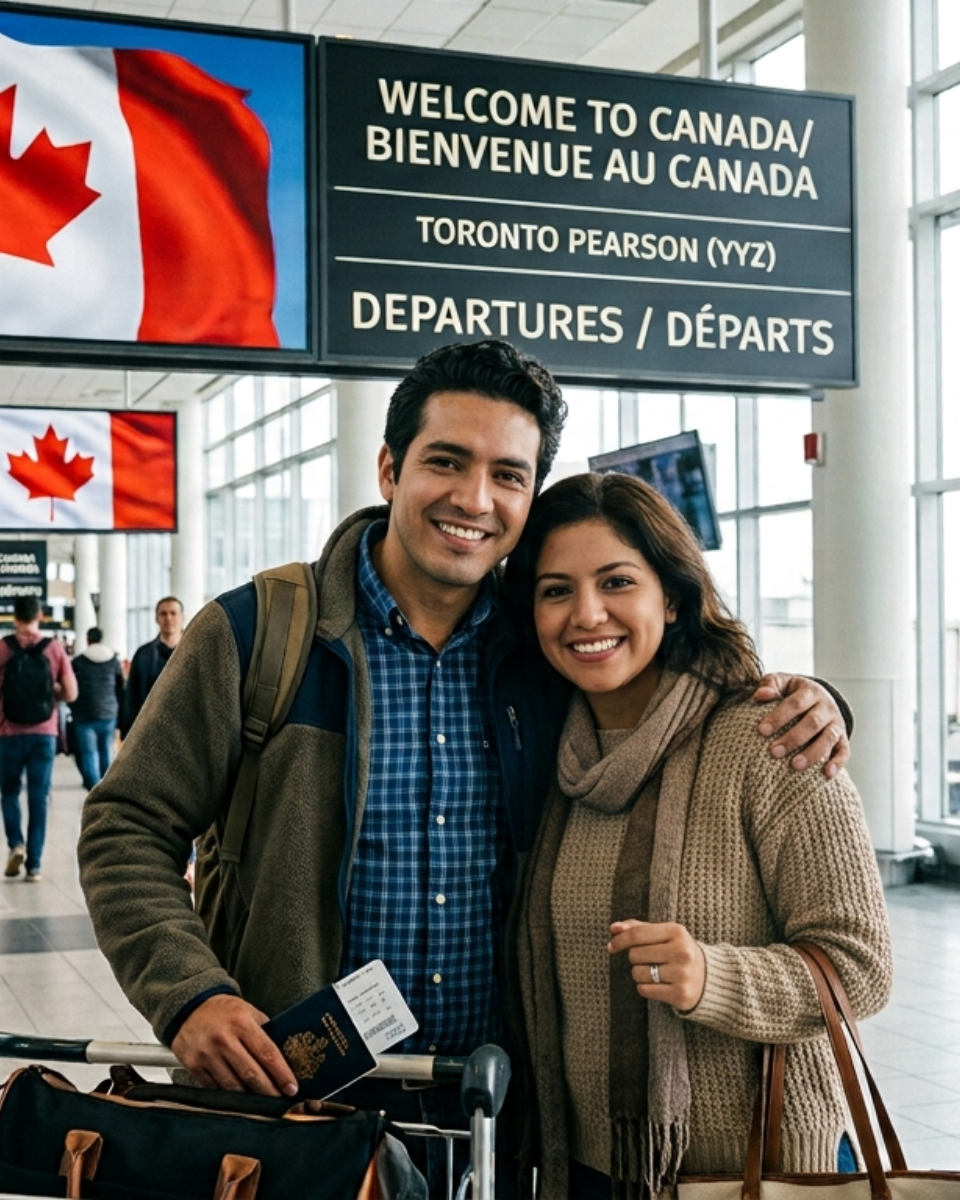 Pareja hispana feliz en el aeropuerto de Toronto con pasaporte y boletos de bienvenida a Canadá